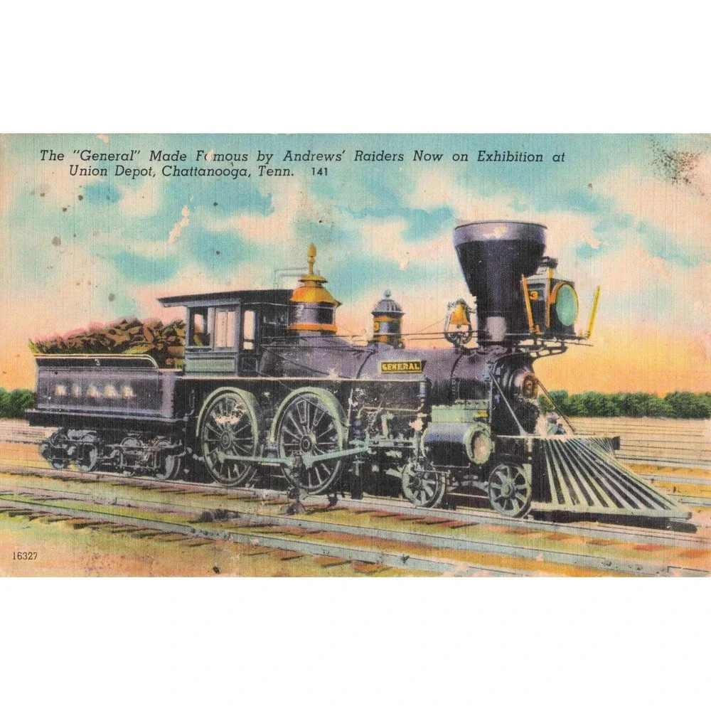 The General Locomotive Linen Postcard Andrews' Raiders Chattanooga TN Depot